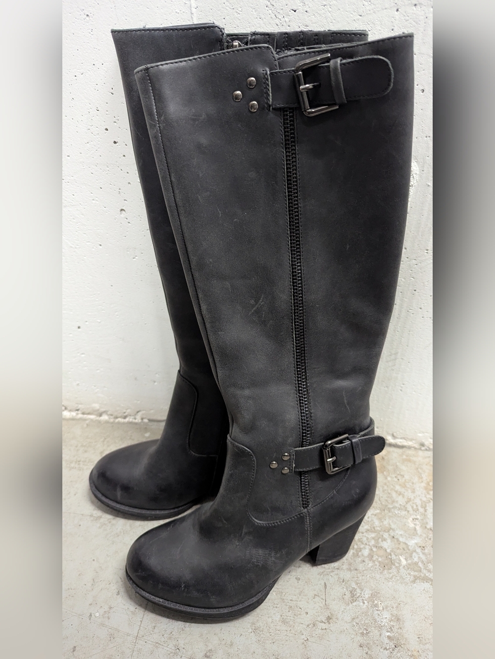 Black Buckle Genuine Leather Knee-High Women's Boots
